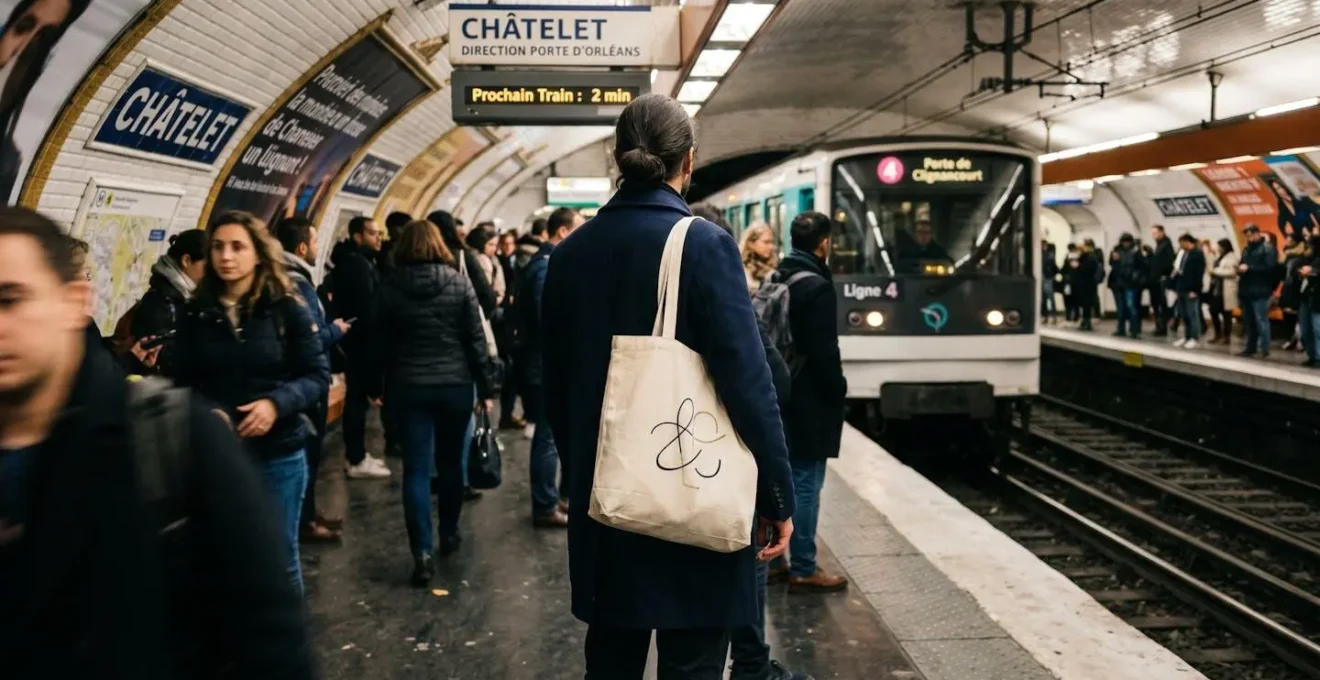 Une femme en manteau beige porte un tote bag en coton avec logo discret visible sur son épaule dans un métro parisien moderne aux couleurs contemporaines