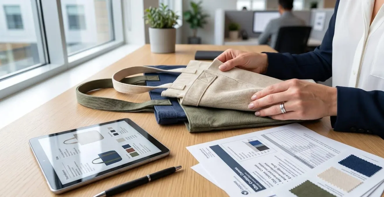 Une professionnelle consulte des échantillons de tote bags en coton de différentes couleurs posés sur un bureau moderne avec tablette et documentation visible